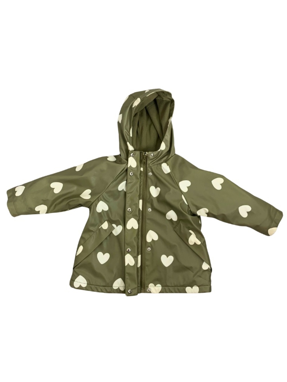 Zara Olive Green Hooded Raincoat with Cream Heart Print Girl's 2/3 Minimalist